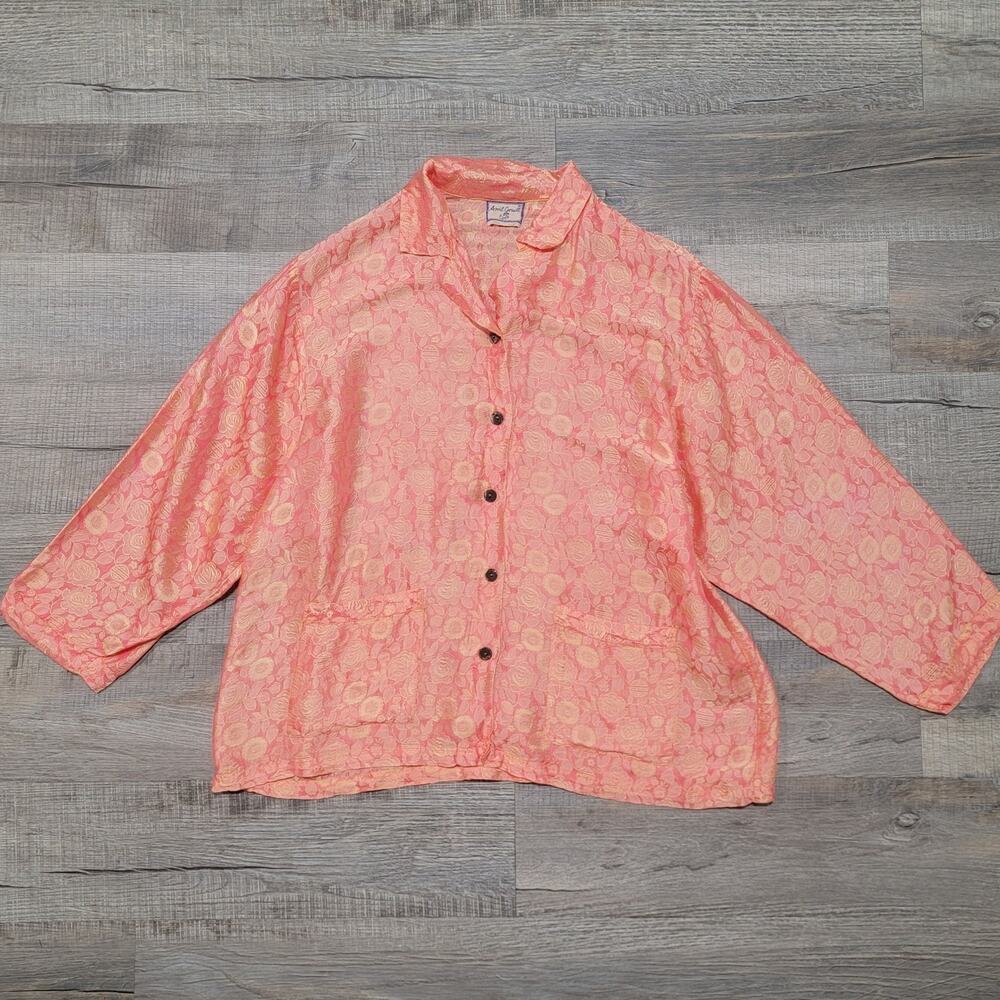 April Cornell 100% Silk Button Up M/L Embroidered Floral Asian Inspired Top VTG